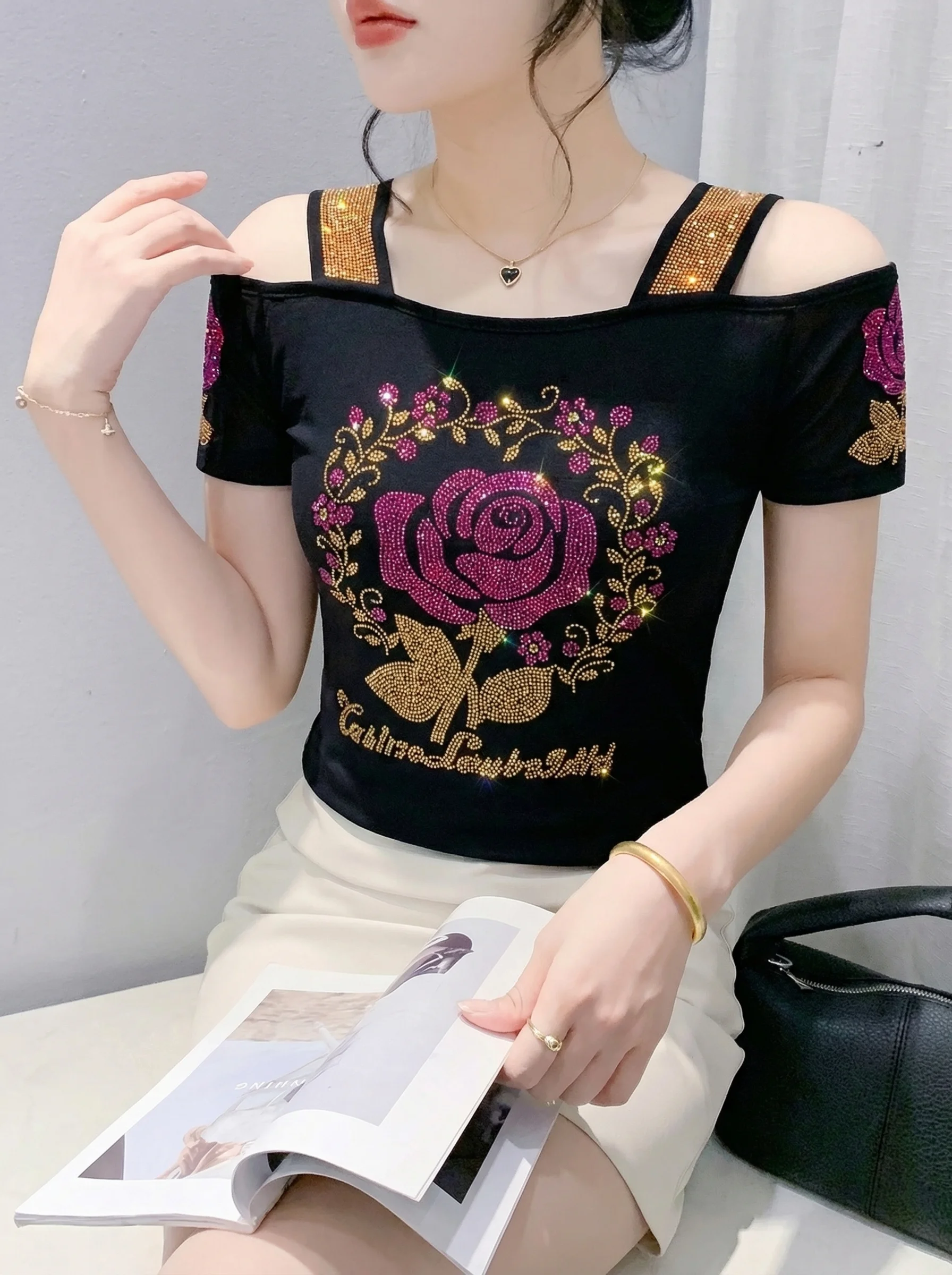 New Designer Hot Diamond Mesh T-Shirt Women Korean Style Sexy Off Shoulder Slim Tee Summer Casual Streetwear Tops
