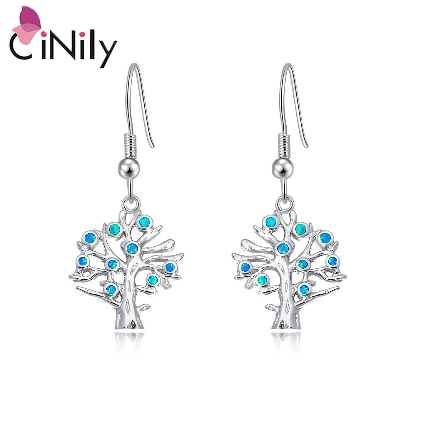 CiNily Sky Blue Fire Opal Drop Dangle Earrings Silver Plated Natural Life Tree Plant Drop Earring Fashion Jewelry For Women Girl