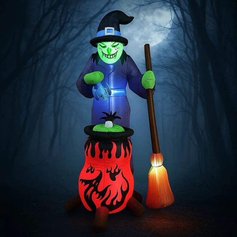 8FT ฮาโลวีน Inflatables ของเล่นตกแต่งกลางแจ้งแม่มดหมุนอัตโนมัติหม้อไฟ LED ในตัว YARD Garden Holiday Decor