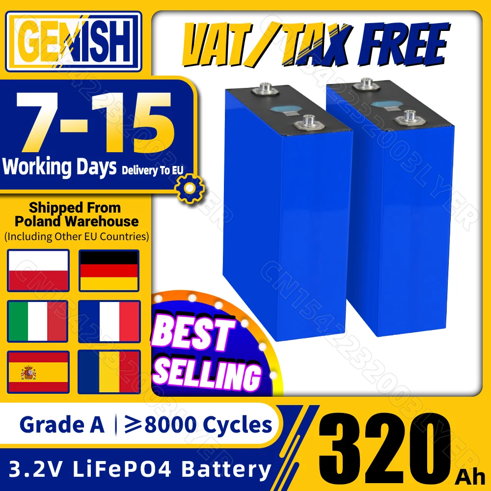 Grade A 320Ah LiFePO4 Battery 8000 Cycles 3.2V Rechargeable Lithium Iron Phosphate Cell DIY 12V 24V 48V RV Vans Golf Cart