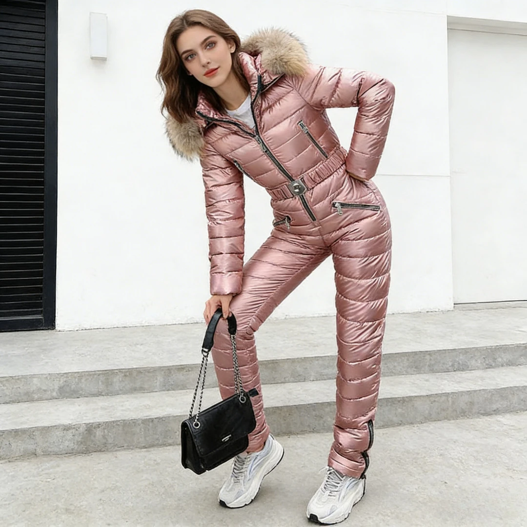 Jumpsuits One Piece Ski Suit Winter Thicken Snow Place Down Cotton Women Suits Warm Hooded Waist Slim Shiny Outdoor Sports