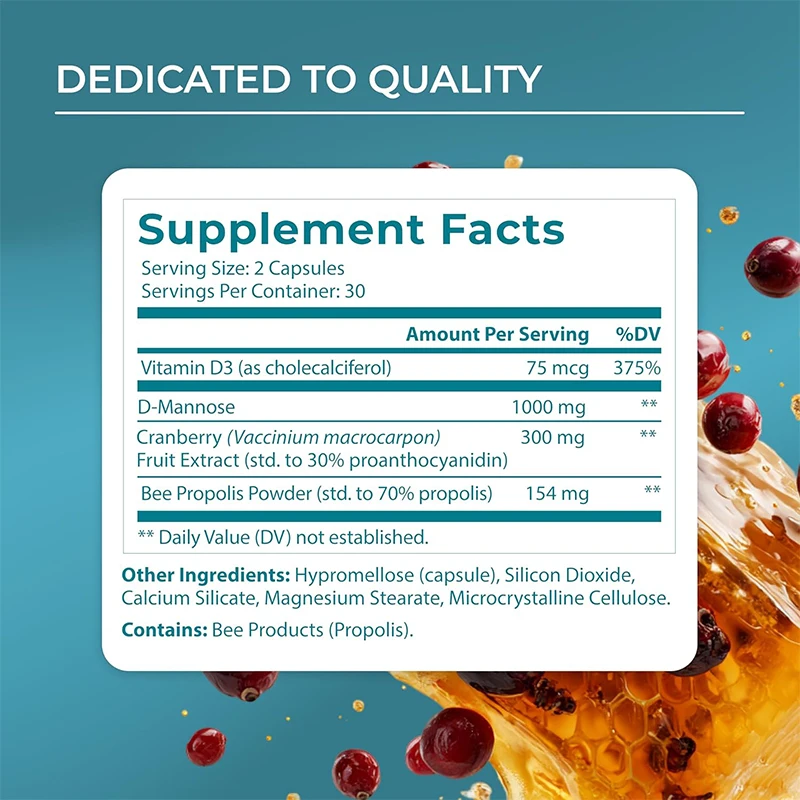 Healthy Formula Urinary Tract Support, Cranberry Supplement Containing 1000mg D-mannose, Vitamin D3, and Propolis -60 Capsules
