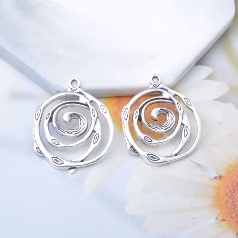 10 Stück Vintage-Stil Antiksilberfarbene Wirbelblumen Runde Anhänger Metallanhänger DIY Ohrringe Damen Schmuck – Detail 8