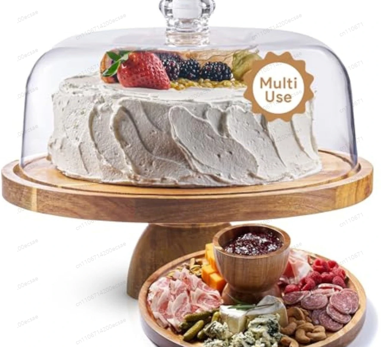 Acacia Wood Tall Cake Stand | Round Display Plate with Transparent Cover for Desserts & Snacks, Desktop Decor