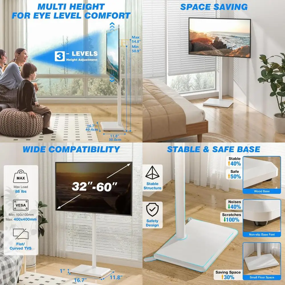 

Swivel Floor TV Stand with Mount for 32-60 inch TVs up to 88 lbs, Height Adjustable Tall TV Stand with Wood Base, Saving Space D