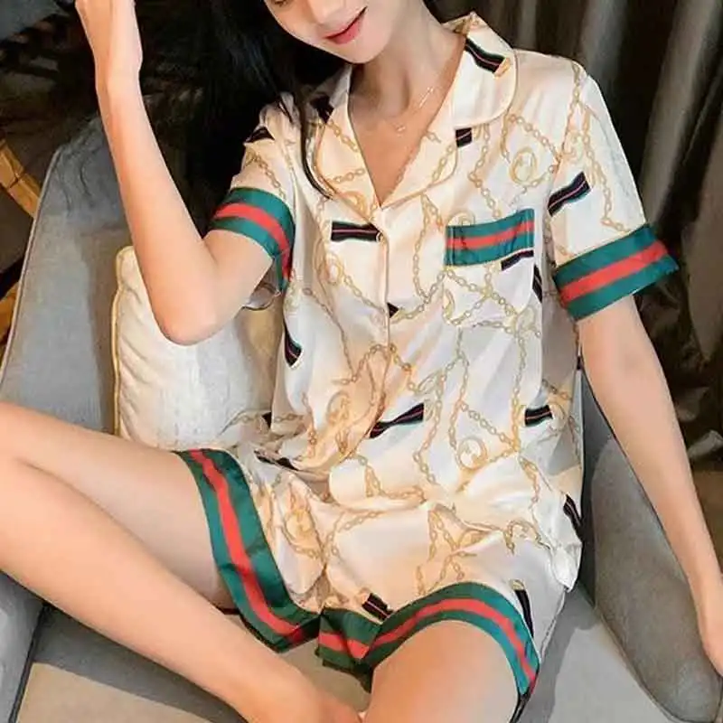 

Xenmisy Pastoral Small Fresh Floral Cardigan Short Sleeve Pajamas Summer Thin Ice Silk Home Suit Lingerie Silk Pajamas for Women