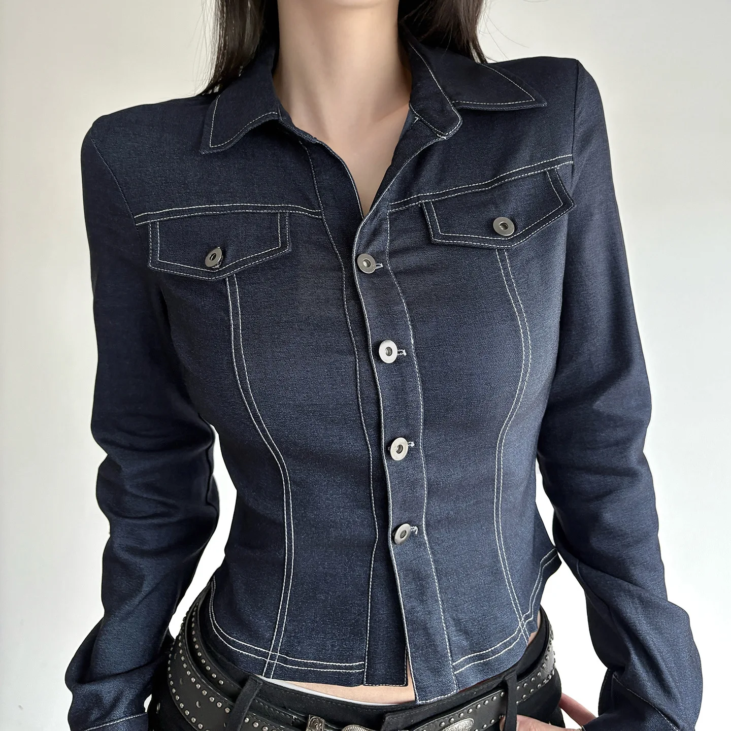 

Retro Blue Turn down Collar Long Sleeve Shirt Street Style Fashion Slim Fit Button Design for Trendy Girls Cross-Border