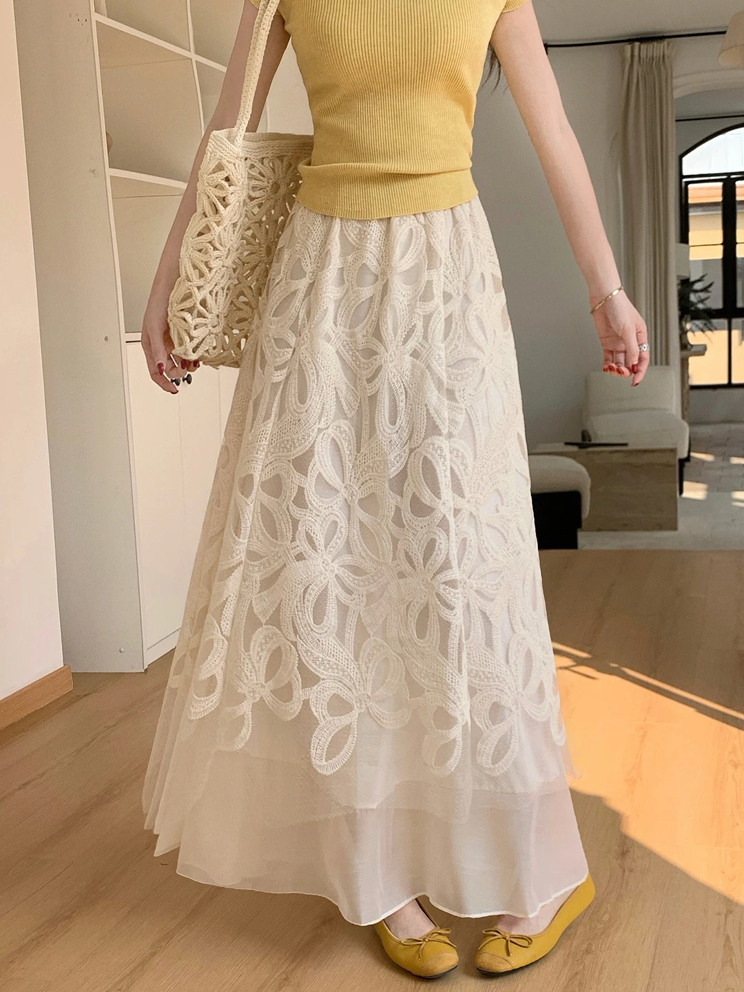 

Ele Embroidered Lace A-Line Skirt Women's High Waist Slim Fit Spring New Sle Commute Korean Sle Cotton Blend