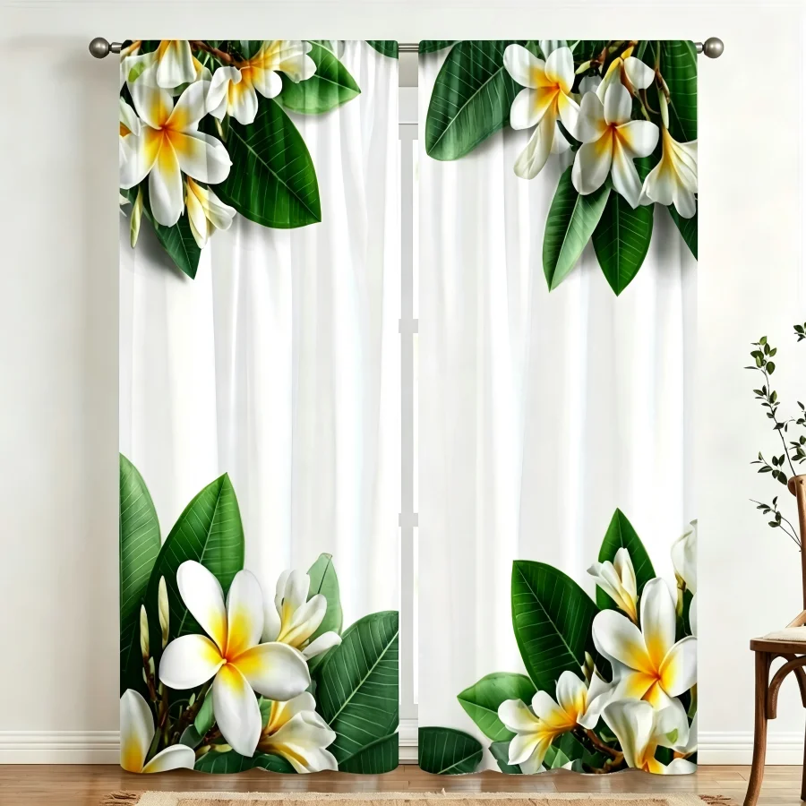 2PCS Digital Print  Curtain, Diagonal Plumeria, Bohemian Style  Curtain Panel for Home Living Room Bedroom Decor