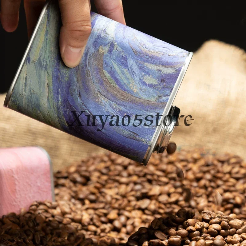 Coffee bean sealed jar, oil painting-style tinplate storage and breathing tin tin container, 200g storage jar