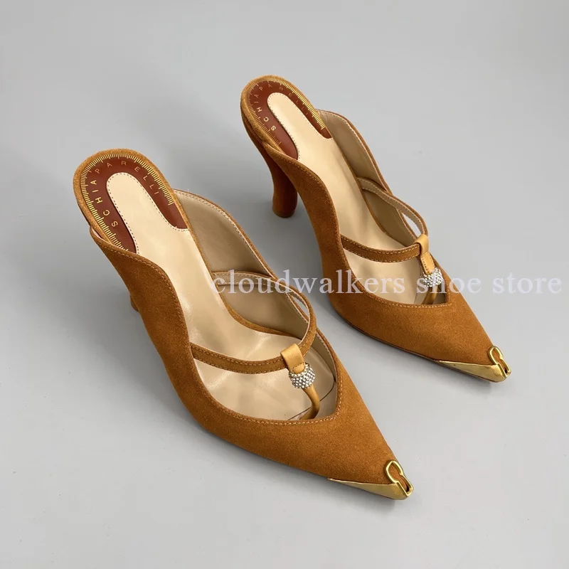 Stylish Metal Buckle Decor Pointed Toe Curved Line Slippers Shallow Mouth Cross Strap Diamond Buckle Strange Style Heel Slippers