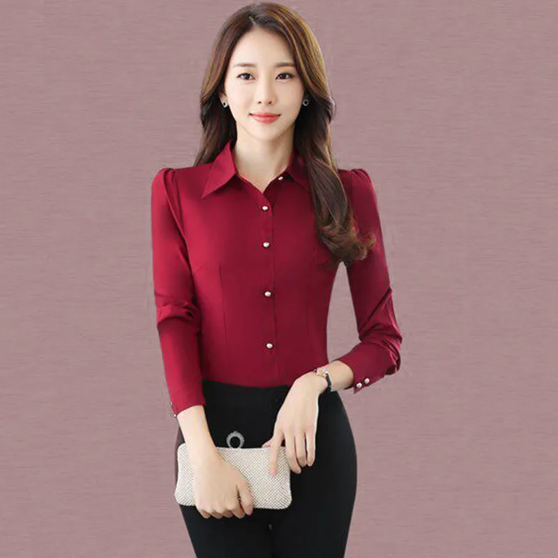 Vermelho camisas de manga longa feminina primavera outono novo coreano emagrecimento formal ocupação ol camisa all-match básico escritório senhora blusa