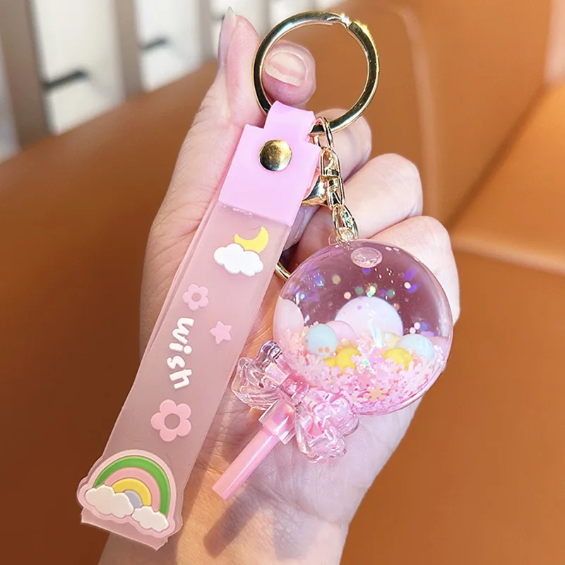 Summer Oil Liquid Lollipop Keychain para mulheres, pingente de areia movediça, chaveiro acrílico glitter, mochila chaveiro, floco de neve