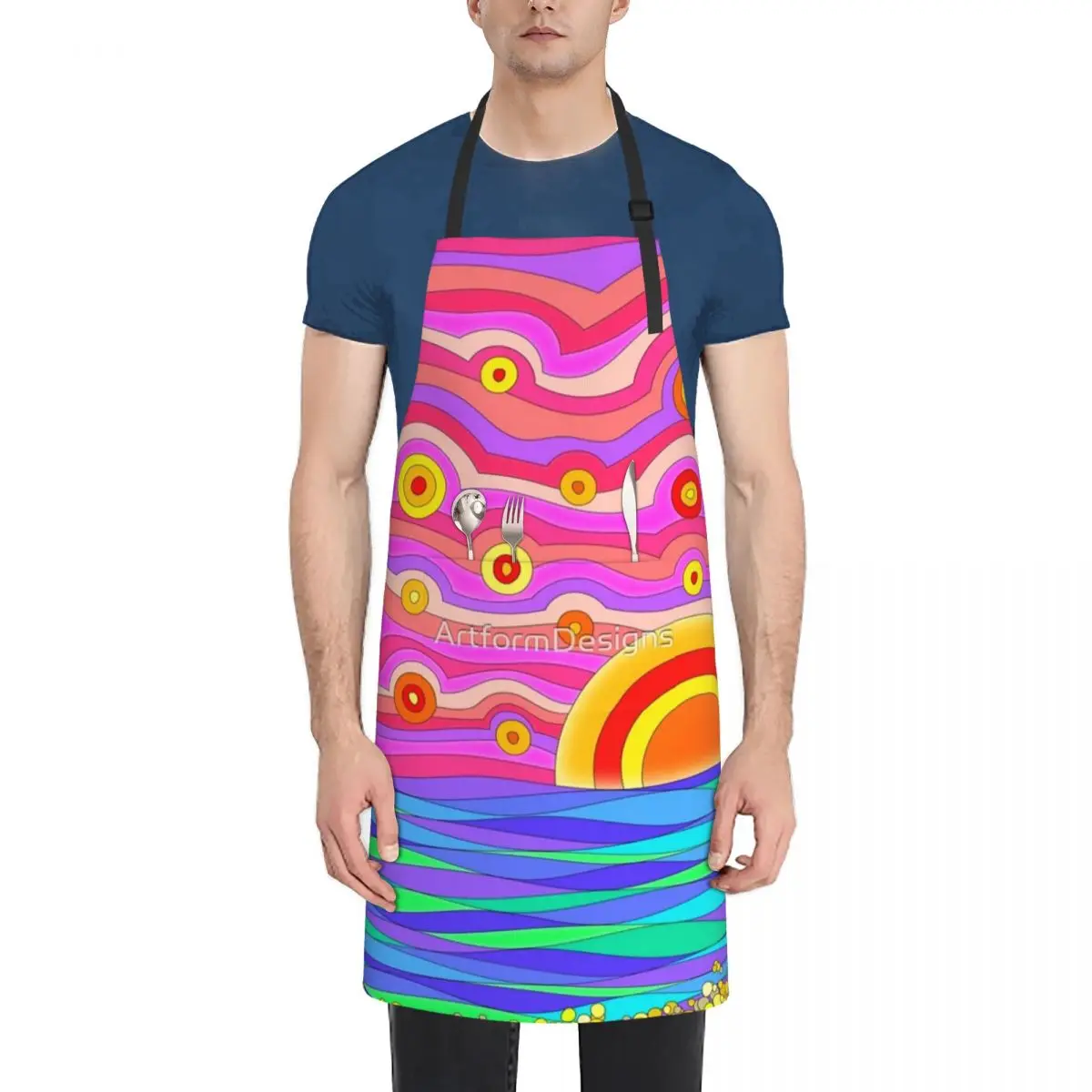 

Sixties Psychedelic Sunset Seascape Waterproof Kitchen Apron For Women/Men With Pockets Work Restaurant Shop Waiter Work Uniform