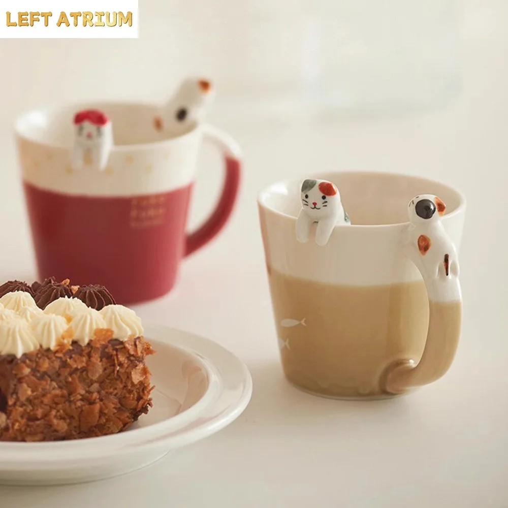 Cartoon Relief Cat Pattern Ceramic Cups Contrast Color Household Kids Breakfast Milk Mugs 270ML Office Water Drinkware Gifts