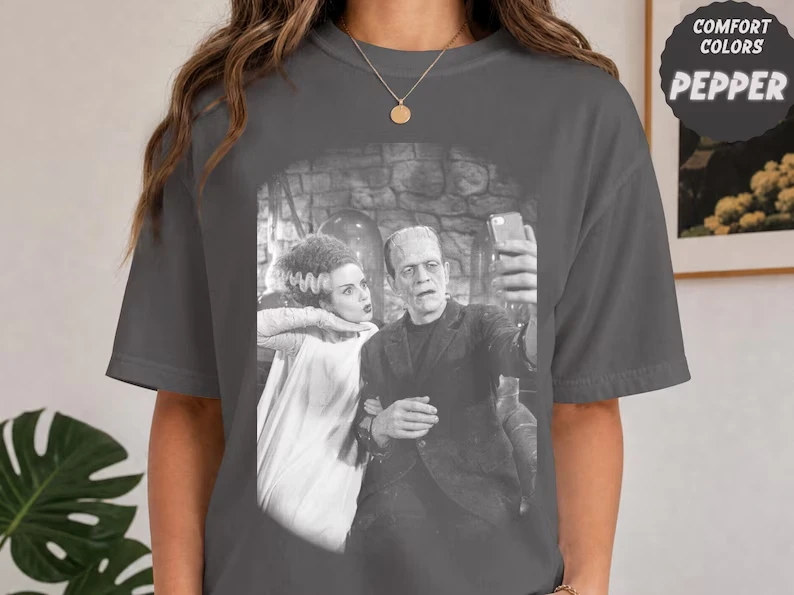 Monster Selfie Club Shirt | Frankenstein & Bride Funny Halloween Tee | Comfort Colors Graphic Shirt