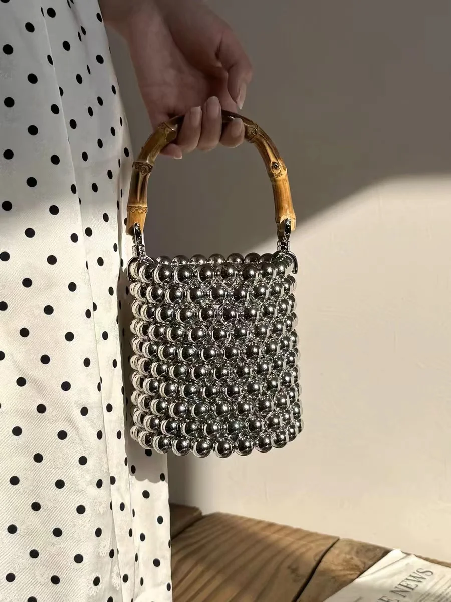 High Quality Bamboo Handle Bucket Bag Beads Beaded Handmade Handbag Women Shoulder Crossbody Bag Lady Purse Holiday Beach Bag