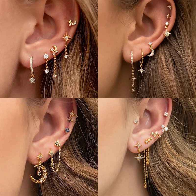 

New Design Gold Color Star Moon Dangle Earrings Women Exquisite Zircon Piercing Chain Earrings Set Fashion Jewelry Wholesale