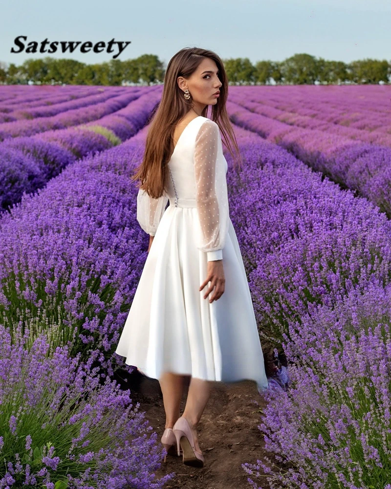 Elegante kurze Brautkleider Spitze Tüll bescheidenen Langarm U-Ausschnitt böhmischen Strand garten Brautkleider vestido de novia