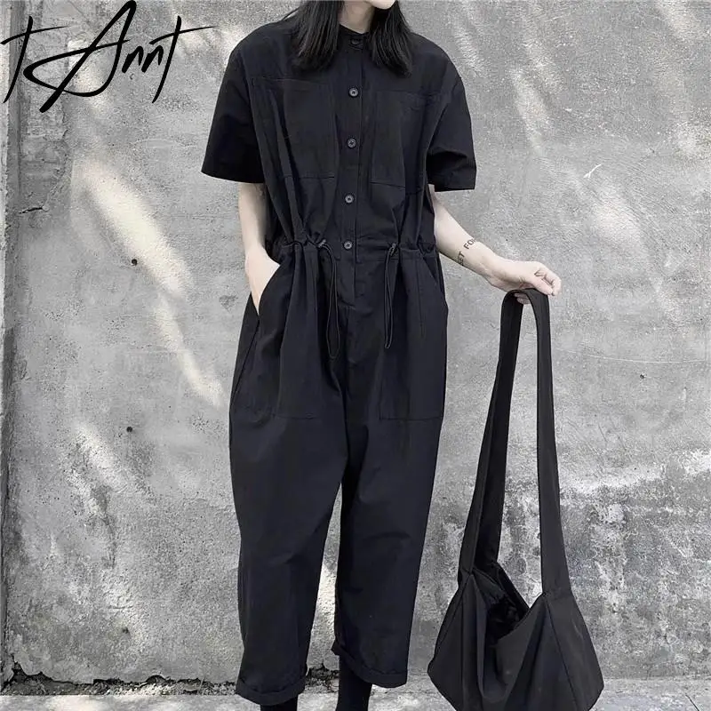 Tannt Women Jumpsuits Drawtherope Short Sleeves Black Casual Women Jumpsuits Fashion Loose Summer Ankle-length Pants 2024