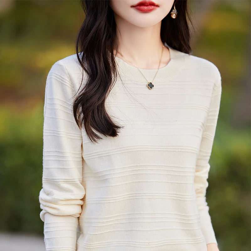 Vrouwen fijne wollen trui ronde kraag onregelmatige streep trui herfst winter vrouwelijke slanke gebreide basis tops met lange mouwen