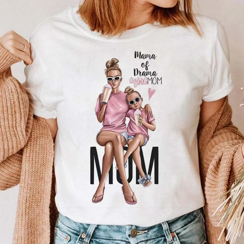 Plus Size Maycaur kobiety kreskówka mama matka chłopiec dziewczynka nadruk matka pani T-shirty dorywczo T Shirt damski koszulka z nadrukiem