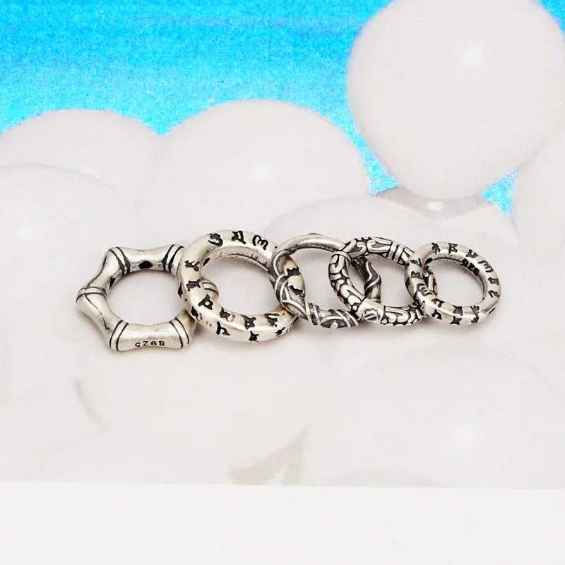 

S925 pure silver six character mantra auspicious cloud circle bead frame flat bead DIY hand woven rope threading bead bracelet