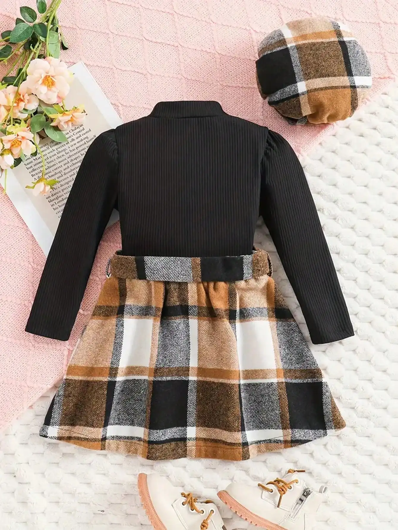 Two piece set, imitation nekc long sleeved top+plaid skirt - Spring and Autumn outdoor clothing, girls' set