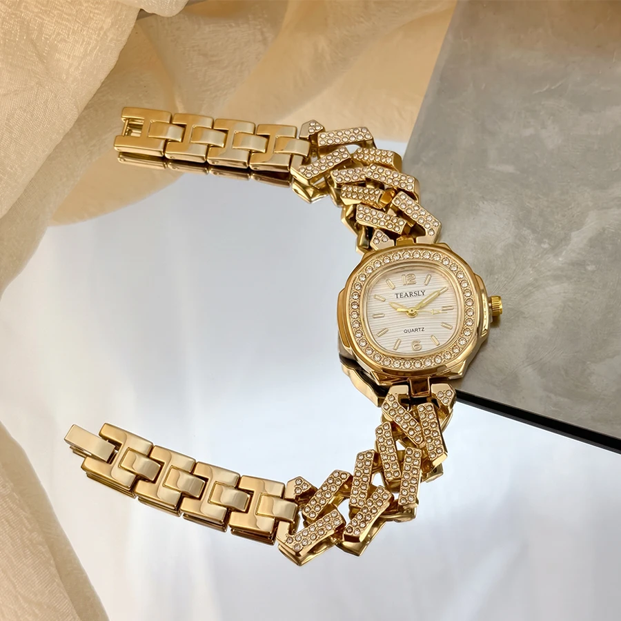Luxury Square-Round Diamond Dial Diamond Cuban Link Bracelet Gold Watch for Woman