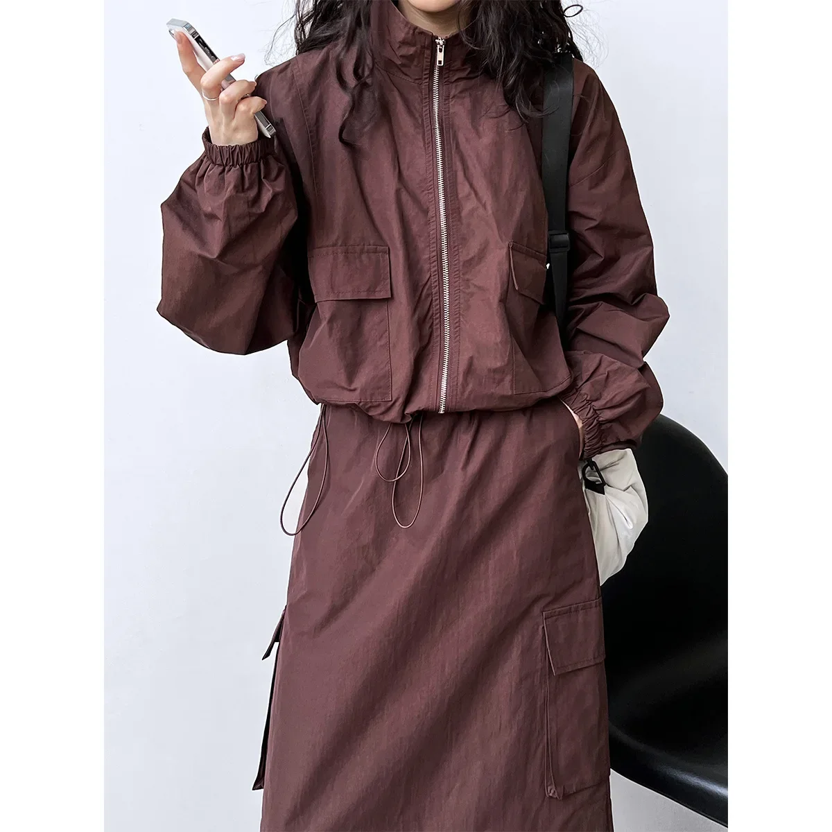 Women Clothing Set American Style Short Jacket Jacket and Drawstring Skirt Two-piece Outdoor Sports Cargo Suit for Women