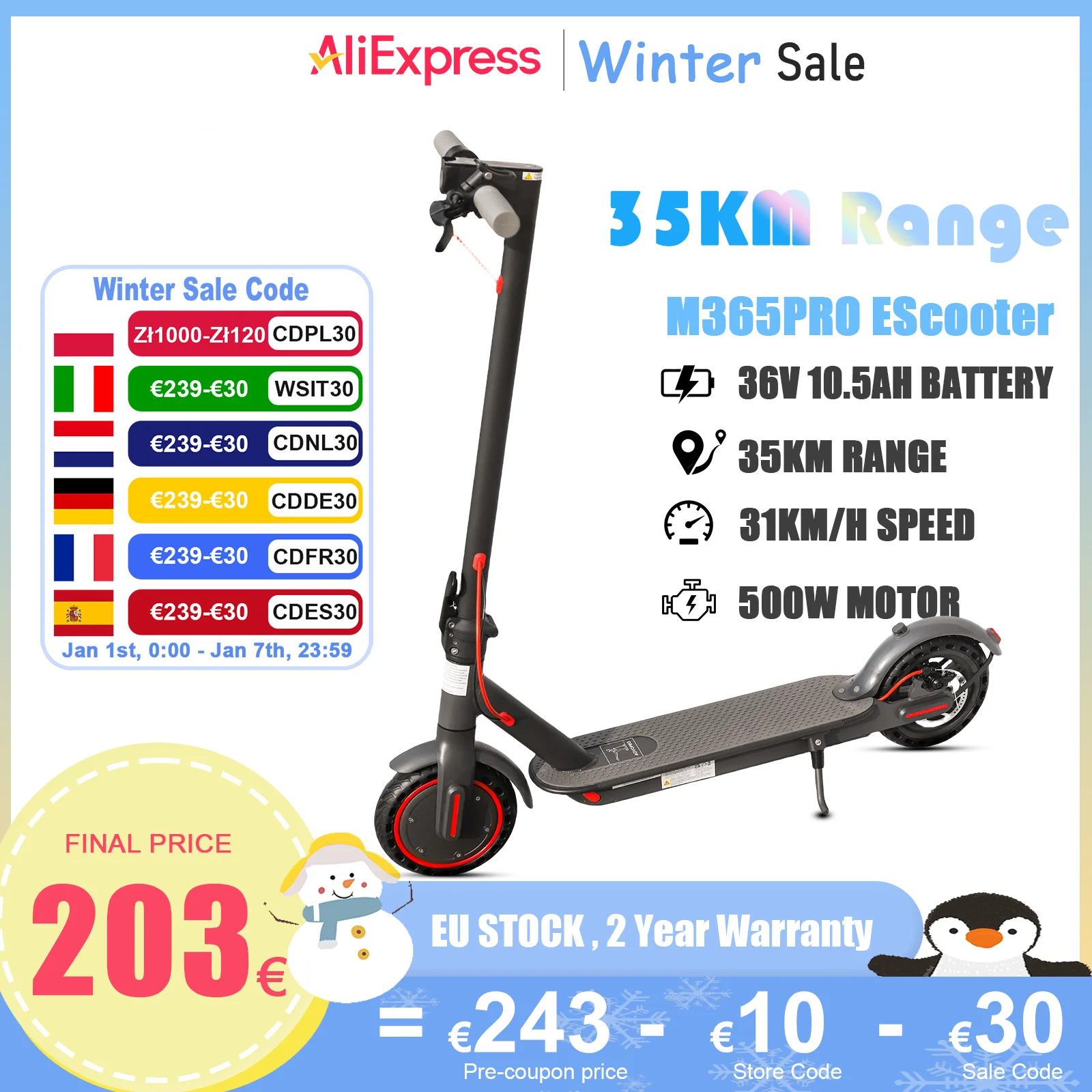 Aovopro es80 500w Elektro roller 36v 10.4ah 31 km/h Geschwindigkeit 35km Reichweite Smart App 10,5