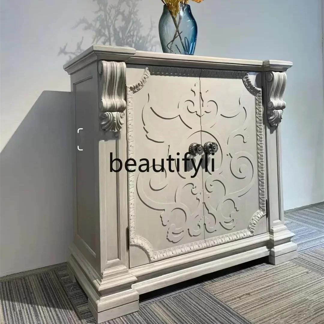 

French retro solid wood dining side cabinet, home carved decorative cabinet, architectural revival entrance chest cabinet D96
