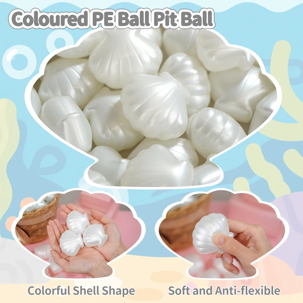 5.5cm 100 pçs/saco com saco de malha pe bola de plástico pit bolas pura pérola branco concha forma interior playground banho verão praia brinquedos
