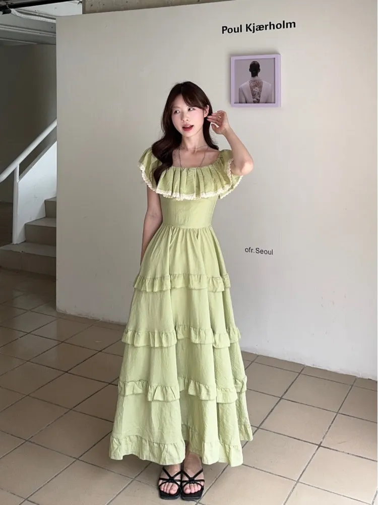 Francês retro fora do ombro puff manga verde babados em camadas bolo vestido para as mulheres verão fino-ajuste férias fada a linha vestido