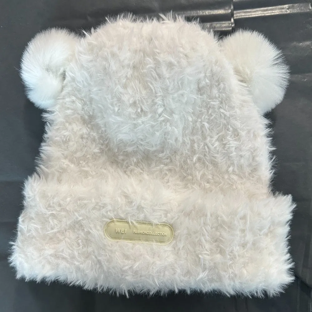 Neue warme warme Gehörschutzmütze, kältebeständig, niedliche Bärenohren, Strickmütze, Bommel, flauschige weiche Beanie-Mütze für Unisex