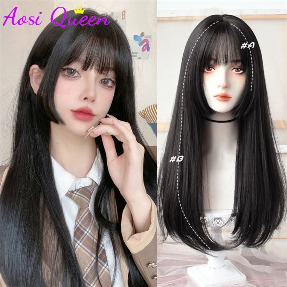 AOSI queen  Cosplay Wig With Bangs Synthetic Straight Hair 24 Inch Long Heat-Resistant Pink Wig For Women