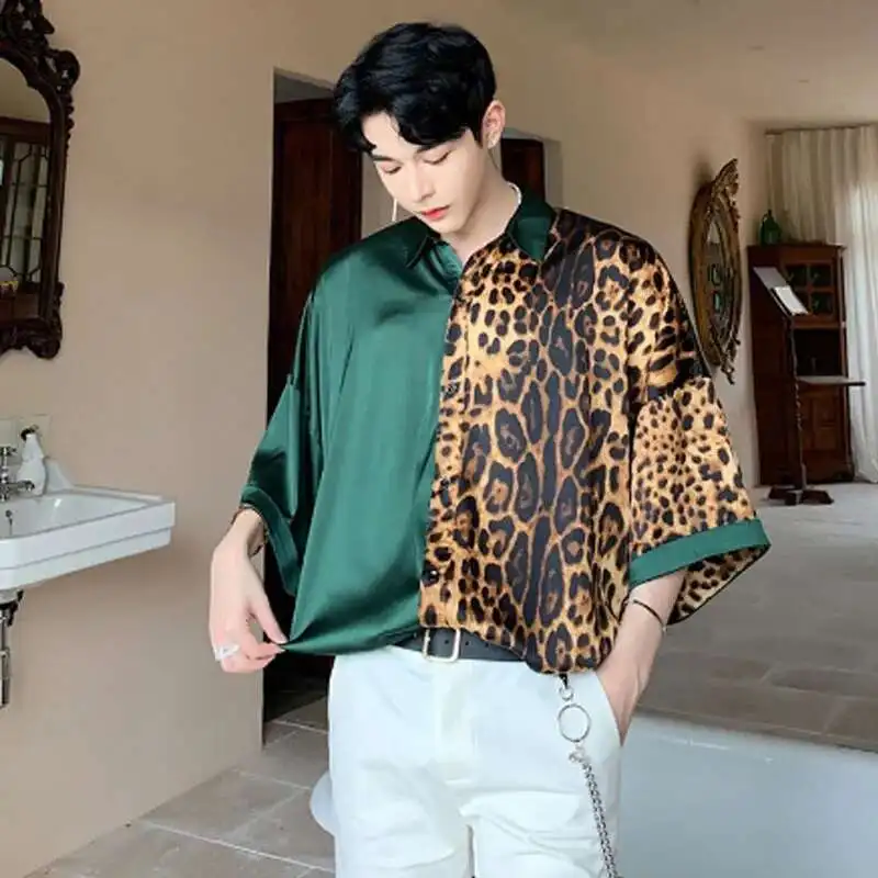 Patchwork Men Shirts With Leopard Summer Nightclub 2025 Oversize Vintage DJ Singer Punk Silk Shirt Stage Costume