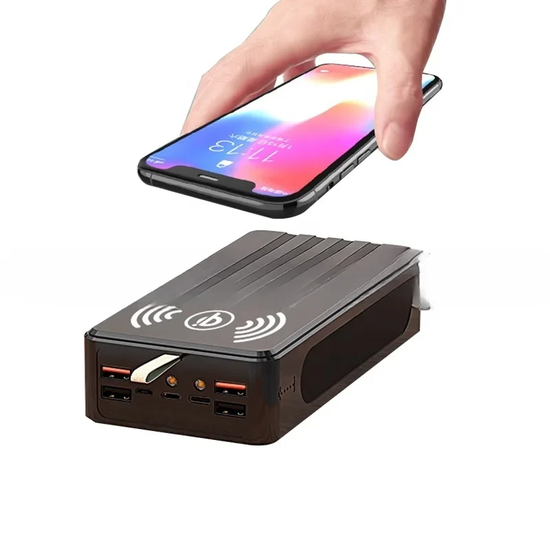 FOR Cables 30000mAh Wireless Power Bank With LED Flashlight Solar Mobile Charger Portable Fast Charging