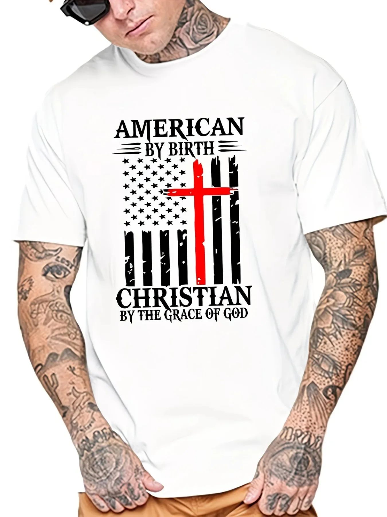 Men's God and America T-Shirt - Cross Print Short Sleeve Casual Round Neck Top Suitable for Church, Gym, Gifts, Training & Casual Attire - Machine Washable Religious Apparel For