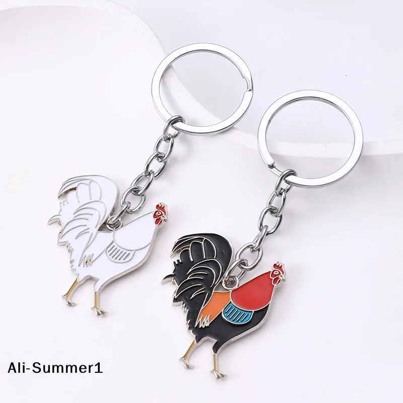 【E】1 Stück Metall-Schlüsselanhänger mit kreativem Ölgemälde-Motiv (Huhn/Hahn) als Taschenanhänger zur Dekoration, Autoschlüsselring, Hahn-Schlüsselhalter