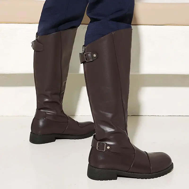 SIMLOVEYO 2025 الرجال عادية حذاء برقبة للركبة جولة تو كعب سميك 3 سنتيمتر البريدي حزام أبازيم حجم كبير 47 48 49 الأسود روتين بوتا