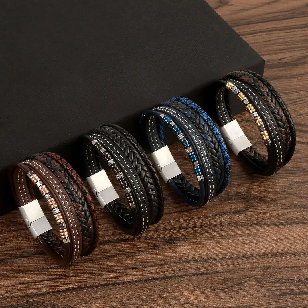 Punk Metal Decoration Multilayer Hand-Woven Leather Bracelets Men Tiger'S Eye Bead Magnetic Buckle Charms Bracelet Jewelry Gift