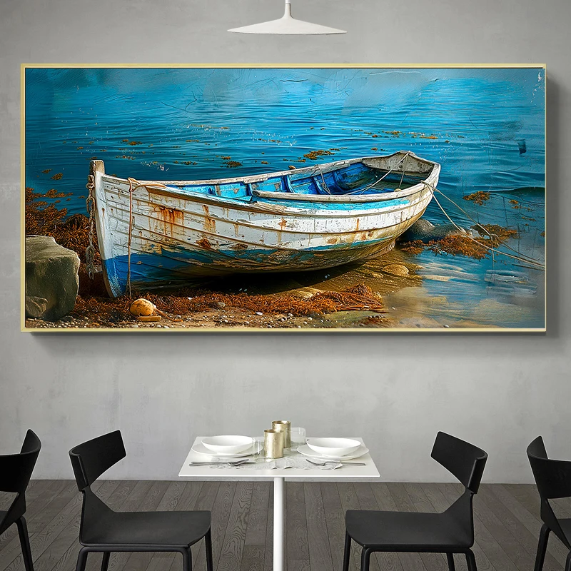 Old Blue Boat Rocks Coastal Poster Nautical Boat Canvas Painting Wall Art Print Beach House Seascape Wall Art Home Decor Cuadros