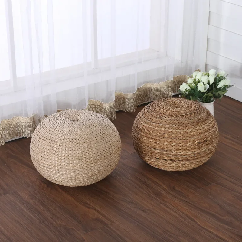 Round Woven Straw Stool Low Tatami Seat Rattan Ottoman for Living Room Hotel Entryway Shoe Changing Kids Sofa Side Table