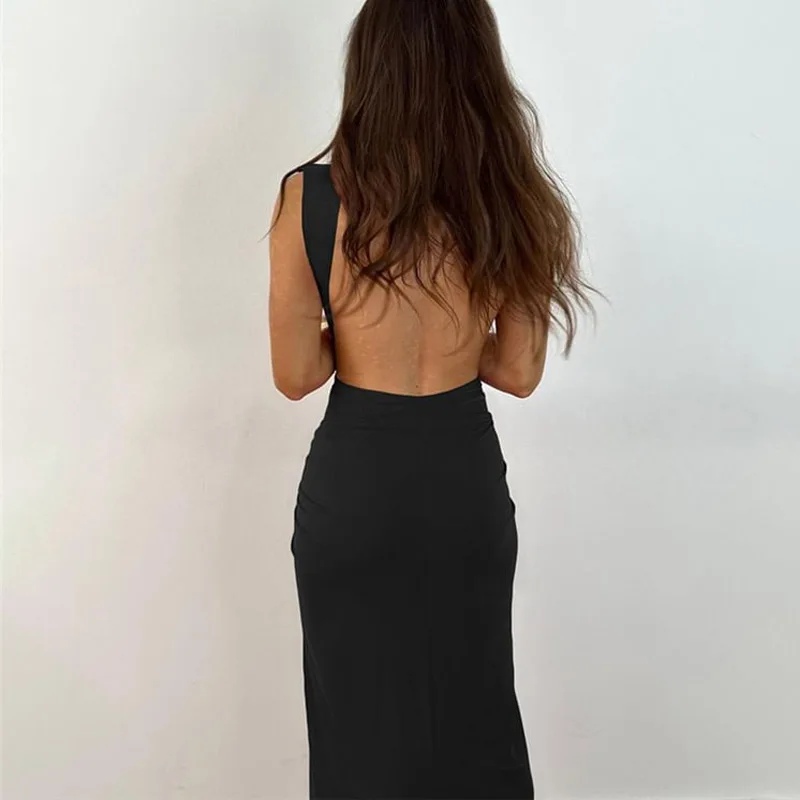 2023 moda donna Solid Folds Wrap Dresses Sexy Deep v-neck Bodycon abito formale Lady Solid senza maniche Cross Knot Long Dress