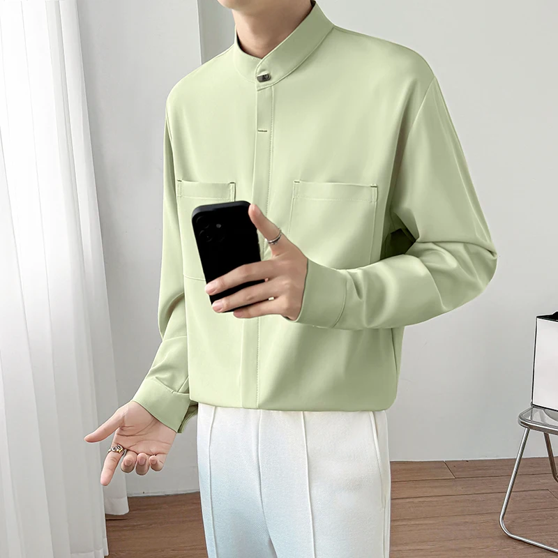 

Молодая мужская повседневная однотонная рубашка с воротником-стойкой, высококачественная мужская зеленая рубашка с длинными рукавами.