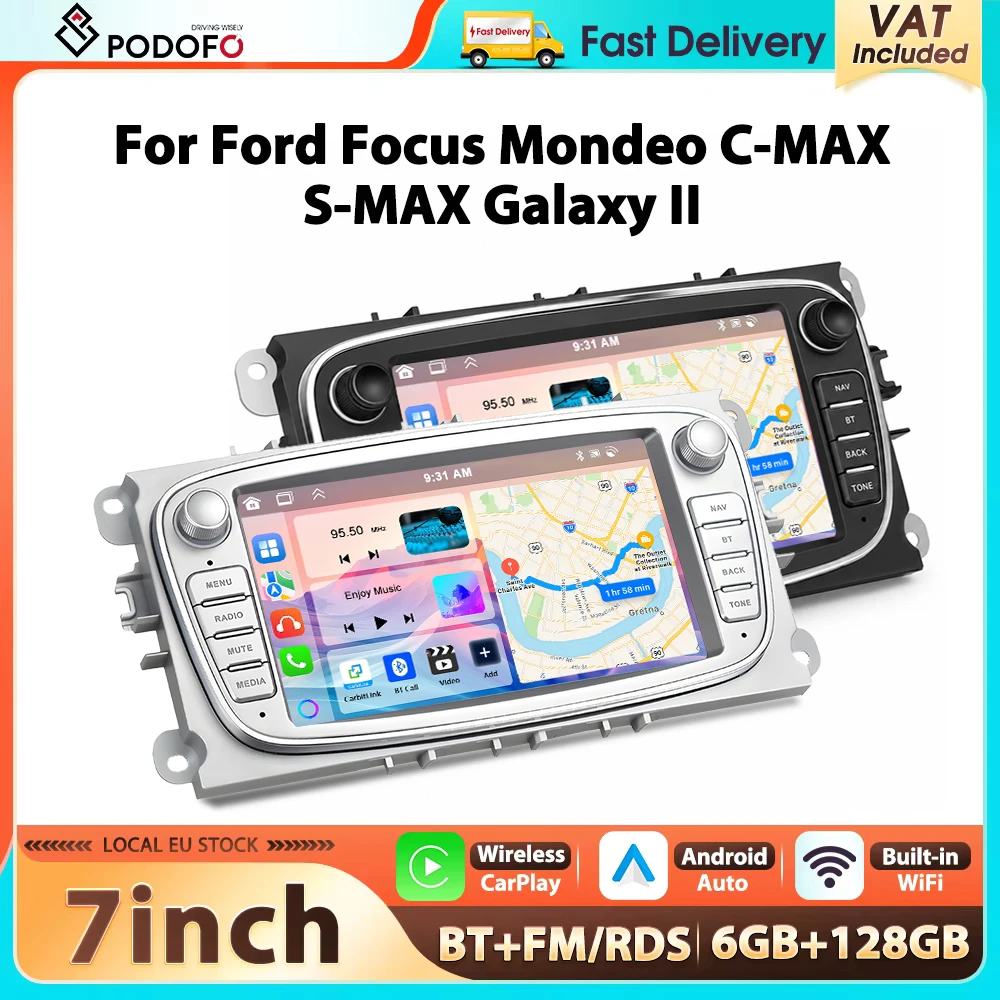 Podofo 7'' 6+128G Autoradio für Ford Focus Mondeo C-MAX S-MAX Multimedia-Player Carplay Android Auto WIFI GPS BT RDS Auto-Audio