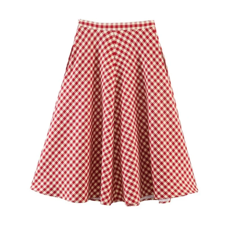 Jupe midi trapèze rouge à carreaux pour femme – Taille haute, ourlet évasé, jupe décontractée de pri