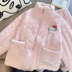 Kawaii Hello Kitty coral velvet pajamas cute Sanrio Pochacco Kuromi zipper long sleeved trousers winter girls warm home clothes