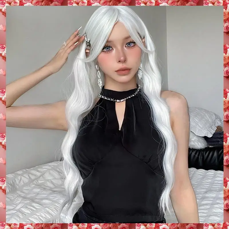 Parrucca lunga da donna con onda d'acqua Parrucca con frangia Parrucca setosa cosplay colorata bianca per le donne Festa quotidiana Capelli sintetici resistenti al calore -C